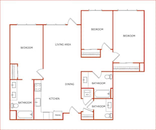 A red floor plan of a house with labeled rooms.
