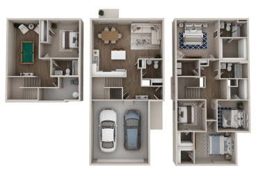 a 3d model of a house with three different floor plans and a car