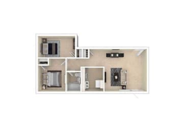 a bedroom with a bathroom and a living room