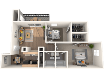 a 3d rendering of a 1 bedroom apartment with a bathroom and a living room