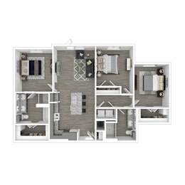A floor plan of a house with a kitchen, living room, bedrooms and bathrooms.