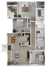A top-down view of a house layout with a kitchen, living room, and bathrooms.