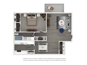 A floor plan of a house with a kitchen, living room, and bedrooms.