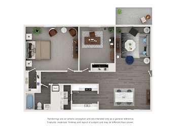 A floor plan of a house with a kitchen, living room, dining room, and bathrooms.