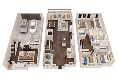 Three floor plans of a house with a kitchen, living room, and bedrooms.