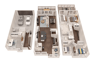 Three floor plans of a house with a car parked in each.