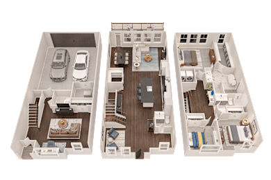 A 3D floor plan of a house showing three different rooms.