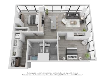 two bedroom two bath apartment 3D floor plan image 1241 square feet