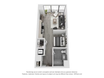 a stylized floor plan with a bedroom and a living room