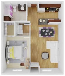 a drawing of a house with a bedroom and a living room