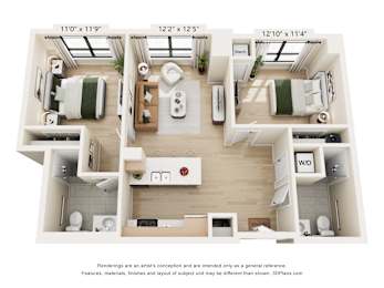 A diagram shows three different floor plans for a small apartment.