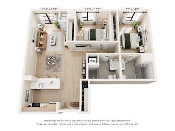 A 3D floor plan of a house with a kitchen, living room, and bathroom.