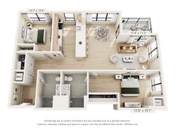 A floor plan of a house with a living room, kitchen, and two bedrooms.