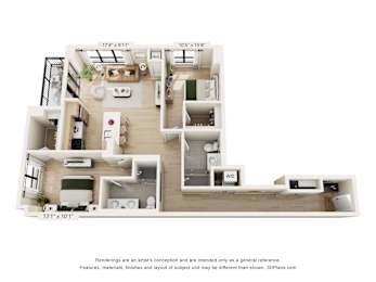A 3D floor plan of a house with a kitchen, living room, and two bedrooms.