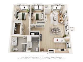 A 3D floor plan of a small apartment with a kitchen, living room, and bathroom.