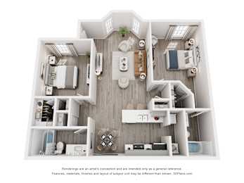 A 3D floor plan of a house with a kitchen, living room, and bathroom.
