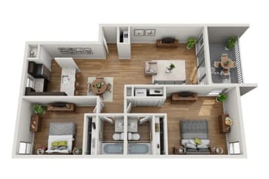 2 Bed 2 Bath 1050 square feet 3d furnished floor plan with Porch/Patio, Washer and Dryer