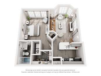 A 3D floor plan of a house with a kitchen, living room, and bathroom.