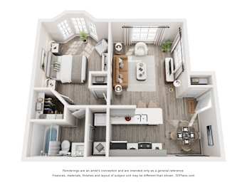 A 3D floor plan of a house with a kitchen, living room, and two bedrooms.