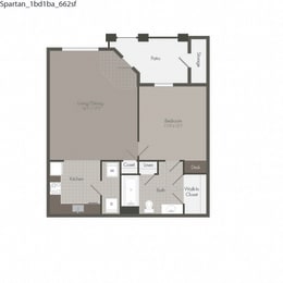 1 Bed, 1 Bath, 662 square feet floor plan A1