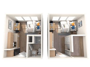 Two images of a small, neatly organized room with a bed, desk, and storage.