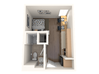 A 3D rendered image of a small, modern bathroom.