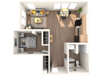 A 3D rendered image of a small apartment layout.