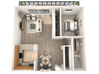A 3D floor plan of a small apartment with a kitchen, living room, and bedrooms.