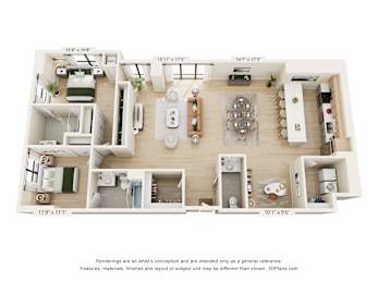 A 3D floor plan of a house with dimensions and furniture layout.