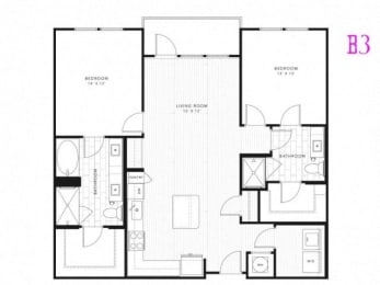B3, 2 Bed 2 Bath 1135 square feet floor plan