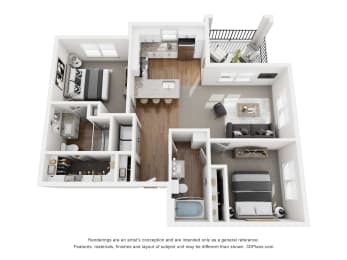 a 3d floor plan of a 2100 sq ft apartment