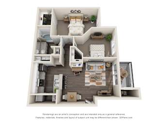 Apartments in Duluth, GA 30096 for Rent – Grande Club - A 3D floor plan of our two bedroom one bathroom apartments