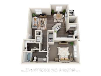 Pet-Friendly Apartments in Duluth, GA– Grande Club – A 3D floor plan of our one bedroom apartments