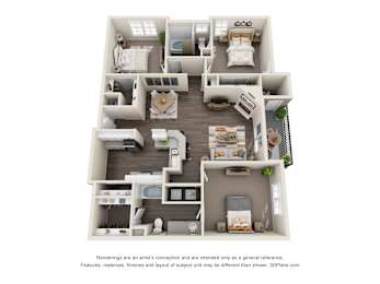 Pet-Friendly Apartments in Duluth, GA– Grande Club – A 3D floor plan of our three bedroom apartmenst