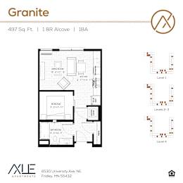 A floor plan for a 1 bedroom apartment at Granite.