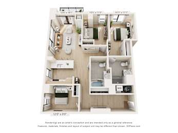 A 3D floor plan of a house with a kitchen, living room, and two bedrooms.
