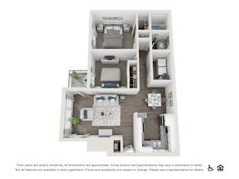 A floor plan of an apartment with a kitchen, living room, and bedrooms.
