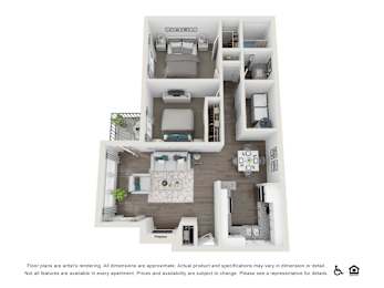 A floor plan of an apartment with a kitchen, living room, and bedrooms.
