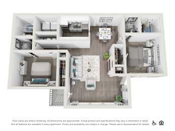 A floor plan of an apartment with a kitchen, living room, and bedrooms.