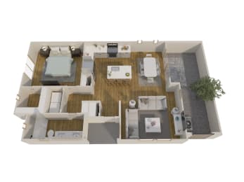 a 3d floor plan of a house with a bedroom and a living room