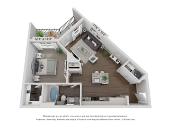 this is a 3d floor plan of a 757 square foot 1 bedroom apartment at the Heritage Towers Apartments lewisville tx apartments apartments near lewisville tx lewisville apartments