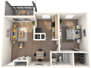 Pet-Friendly Apartments in Tampa, FL – Belara Lakes – 3D Floorplan of our 1 bed, 1 bath, 830 sq. ft. Heron Floorplan