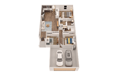 A 3D floor plan of a house with a kitchen, living room, and two bedrooms.
