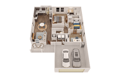 A 3D floor plan of a house with a living room, dining room, kitchen, and two bedrooms.