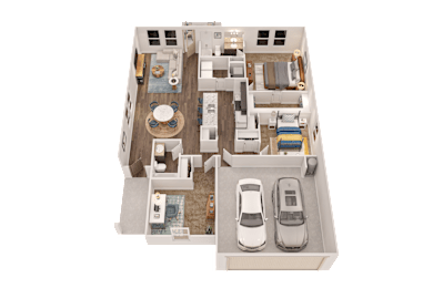 A 3D floor plan of a house with two bedrooms, a living room, a kitchen, a dining room, and two garages.