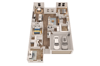 A 3D floor plan of a house with two bedrooms, a living room, a kitchen, a dining room, and a garage.