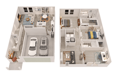 A top down view of a house with two cars parked in the driveway.