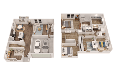 Two floor plans of a house with a kitchen, living room, and bedrooms.
