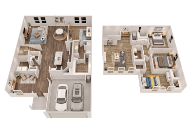 Two floor plans of a house with a car parked in the driveway.