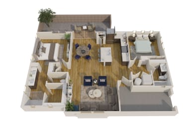 a 3d floor plan of a house with a wood floor